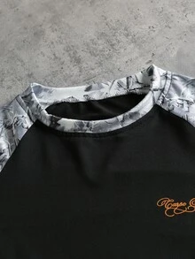 Coolqubz 青少年男孩楓葉迷彩圖案插肩袖長袖T恤，青少年男孩休閒黑色拼接秋冬圓領上衣，秋季風格，套頭衫 - 黑色 - 查看 3
