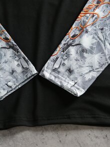 Coolqubz 青少年男孩楓葉迷彩圖案插肩袖長袖T恤，青少年男孩休閒黑色拼接秋冬圓領上衣，秋季風格，套頭衫 - 黑色 - 查看 4