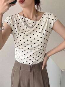 DAZY Women's Polka Dot Print Draped Neck Fitted Short Sleeve T-Shirt Summer Graphic Tee - Apricot - View 7