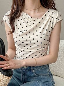 DAZY Women's Polka Dot Print Draped Neck Fitted Short Sleeve T-Shirt Summer Graphic Tee - Apricot - View 6