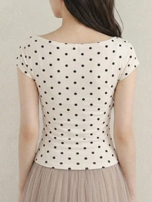 DAZY Women's Polka Dot Print Draped Neck Fitted Short Sleeve T-Shirt Summer Graphic Tee - Apricot - View 5