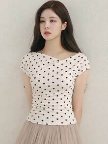 DAZY Women's Polka Dot Print Draped Neck Fitted Short Sleeve T-Shirt Summer Graphic Tee - Apricot - View 4