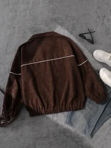 SHEIN 青少年休閒街頭風純色燈芯絨寬鬆夾克，秋季返校穿搭 - 棕色 - 查看 2