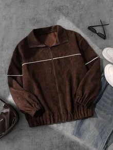 SHEIN 青少年休閒街頭風純色燈芯絨寬鬆夾克，秋季返校穿搭 - 棕色 - 查看 7
