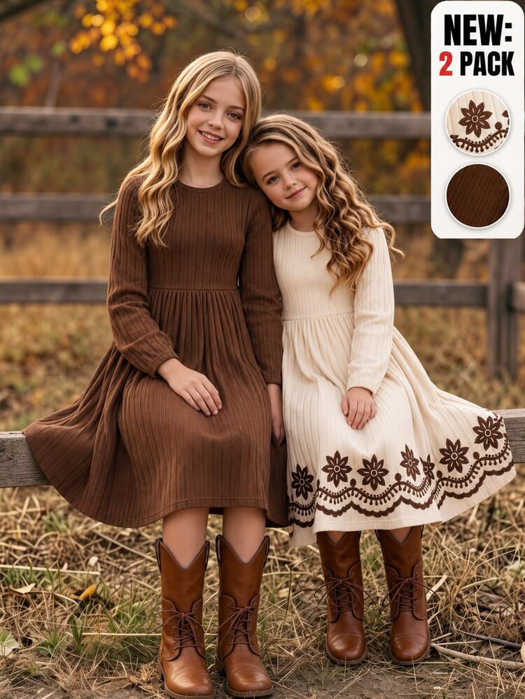 Tween Girls Dress, 2pcs, Pumpkin Photo, Halloween Photo, Slim Fit, Daily Wear, Fashionable Versatile, Elegant, Floral, Ruffle, Party, Print, Collar, Autumn, Sweet - Brown - View 8