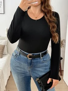 Easowa Curve 大尺碼女款純色圓領長袖休閒百搭T恤 - 黑色 - 查看 8