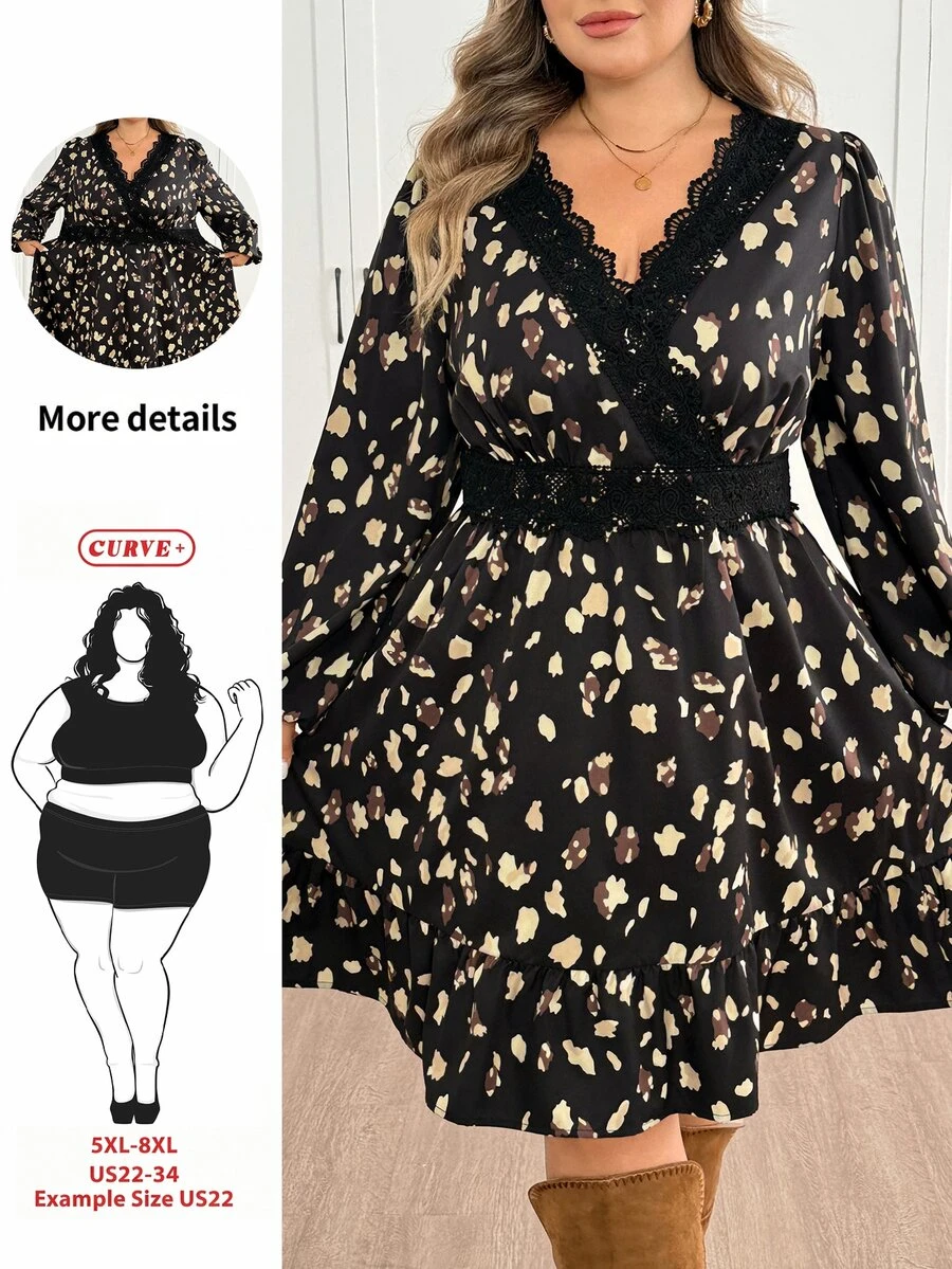 SHEIN CURVE+ Plus Size Autumn Vintage Floral Lace Trim V-Neck A-Line Dress Fall - Black - View 1