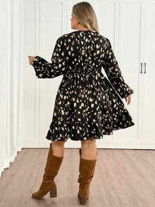 SHEIN CURVE+ Plus Size Autumn Vintage Floral Lace Trim V-Neck A-Line Dress Fall - Black - View 2