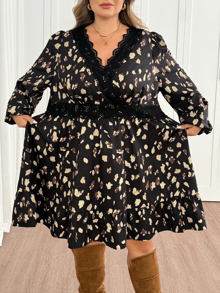 SHEIN CURVE+ Plus Size Autumn Vintage Floral Lace Trim V-Neck A-Line Dress Fall - Black - View 6