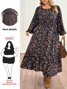 SHEIN CURVE+ 女款大尺碼 22W 復古 A 字中長洋裝，秋冬季 - 彩色 - 查看 1