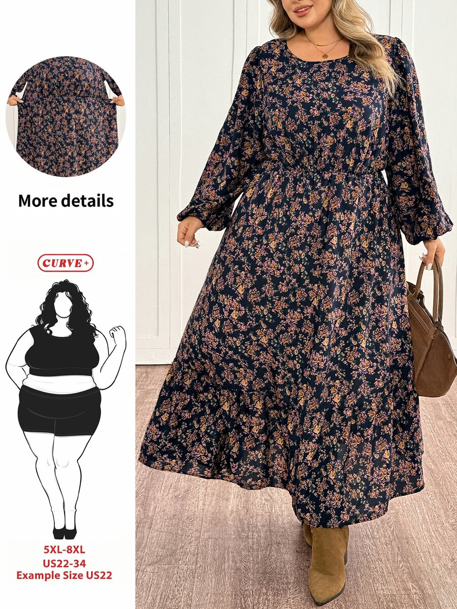 SHEIN CURVE+ 女款大尺碼 22W 復古 A 字中長洋裝,秋冬季 - 彩色 - 查看 1