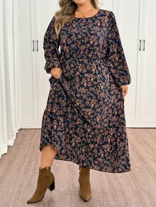 SHEIN CURVE+ 女款大尺碼 22W 復古 A 字中長洋裝，秋冬季 - 彩色 - 查看 4