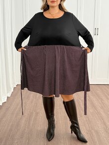 SHEIN CURVE+ 大尺碼對比波點印花繫帶洋裝 秋季 - 彩色 - 查看 5