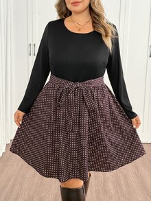 SHEIN CURVE+ 大尺碼對比波點印花繫帶洋裝 秋季 - 彩色 - 查看 7
