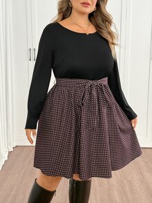 SHEIN CURVE+ 大尺碼對比波點印花繫帶洋裝 秋季 - 彩色 - 查看 3