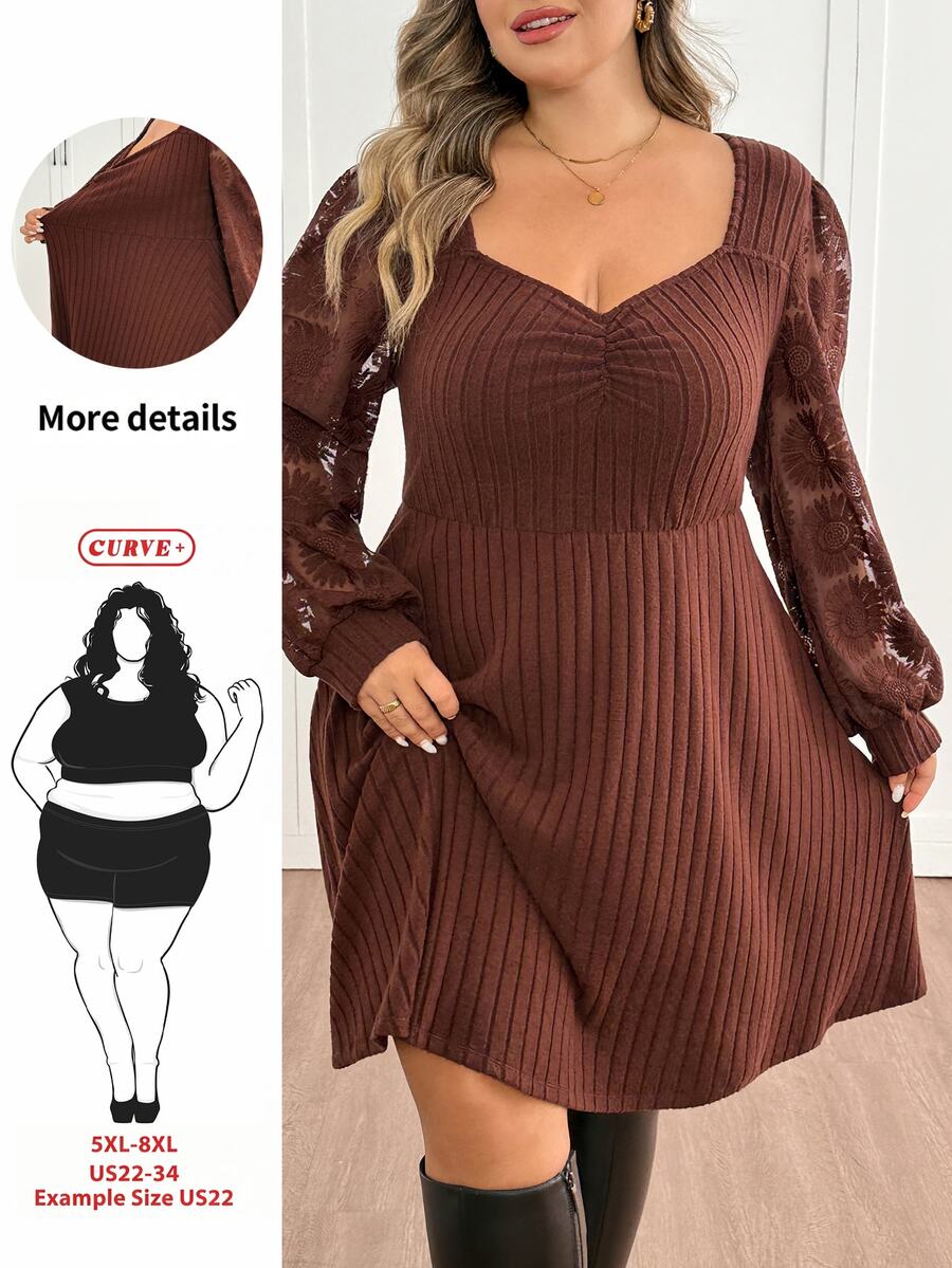 SHEIN CURVE+ US22 Size Plus Size Women's Heart Neck Long Sleeve Ruched Ribbed Casual Dress 5XL Autumn Dress Fall - Brown - View 1