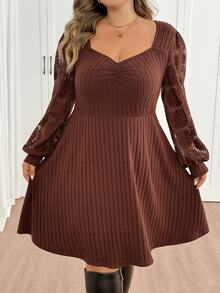 SHEIN CURVE+ US22 Size Plus Size Women's Heart Neck Long Sleeve Ruched Ribbed Casual Dress 5XL Autumn Dress Fall - Brown - View 3