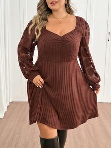 SHEIN CURVE+ US22 Size Plus Size Women's Heart Neck Long Sleeve Ruched Ribbed Casual Dress 5XL Autumn Dress Fall - Brown - View 7