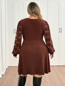 SHEIN CURVE+ US22 Size Plus Size Women's Heart Neck Long Sleeve Ruched Ribbed Casual Dress 5XL Autumn Dress Fall - Brown - View 2