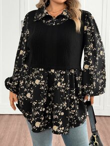 SHEIN CURVE+ Plus Size Casual Color Block Lantern Sleeve 2 In 1 Shirtfall Clothes For Women,Winter,CURVE PLUS - Black - View 5