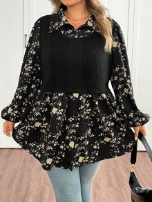 SHEIN CURVE+ Plus Size Casual Color Block Lantern Sleeve 2 In 1 Shirtfall Clothes For Women,Winter,CURVE PLUS - Black - View 1