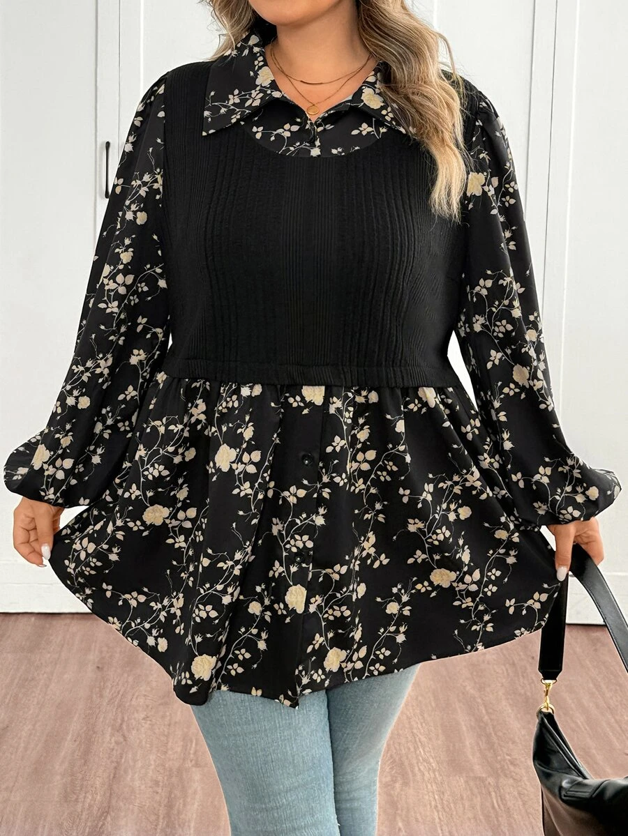 SHEIN CURVE+ Plus Size Casual Color Block Lantern Sleeve 2 In 1 Shirtfall Clothes For Women,Winter,CURVE PLUS - Black - View 1