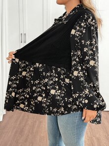 SHEIN CURVE+ Plus Size Casual Color Block Lantern Sleeve 2 In 1 Shirtfall Clothes For Women,Winter,CURVE PLUS - Black - View 3