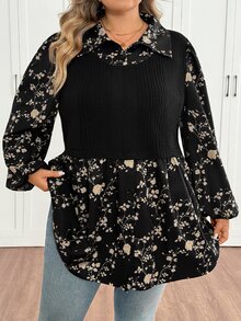 SHEIN CURVE+ Plus Size Casual Color Block Lantern Sleeve 2 In 1 Shirtfall Clothes For Women,Winter,CURVE PLUS - Black - View 4