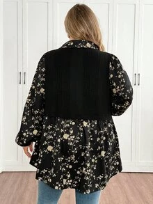 SHEIN CURVE+ Plus Size Casual Color Block Lantern Sleeve 2 In 1 Shirtfall Clothes For Women,Winter,CURVE PLUS - Black - View 2
