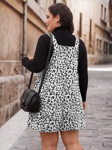 SHEIN LUNE Plus Size Casual Mini Dress With Wide Straps, Button Decor And Pockets, - Black and White - View 2