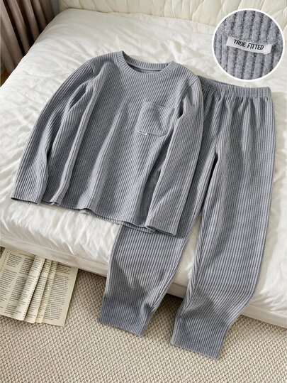 Teen Boys Cozy Ribbed Pajama Set Long Sleeve Pocket Crewneck Pjs Grey Soft Loungewear Winter Fall Sleepwear For Home Pajama Party