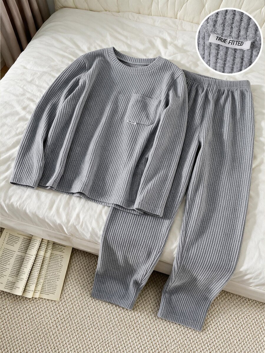 Teen Boys Cozy Ribbed Pajama Set Long Sleeve Pocket Crewneck Pjs Grey Soft Loungewear Winter Fall Sleepwear For Home Pajama Party - Grey - View 1