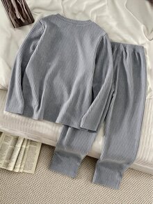 Teen Boys Cozy Ribbed Pajama Set Long Sleeve Pocket Crewneck Pjs Grey Soft Loungewear Winter Fall Sleepwear For Home Pajama Party - Grey - View 2