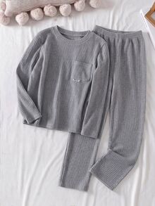 Teen Boys Cozy Ribbed Pajama Set Long Sleeve Pocket Crewneck Pjs Grey Soft Loungewear Winter Fall Sleepwear For Home Pajama Party - Grey - View 3