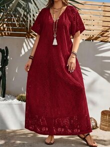 Rosumi Plus Size Women's Summer Casual Vacation Solid White Lace Dress - Burgundy - View 8