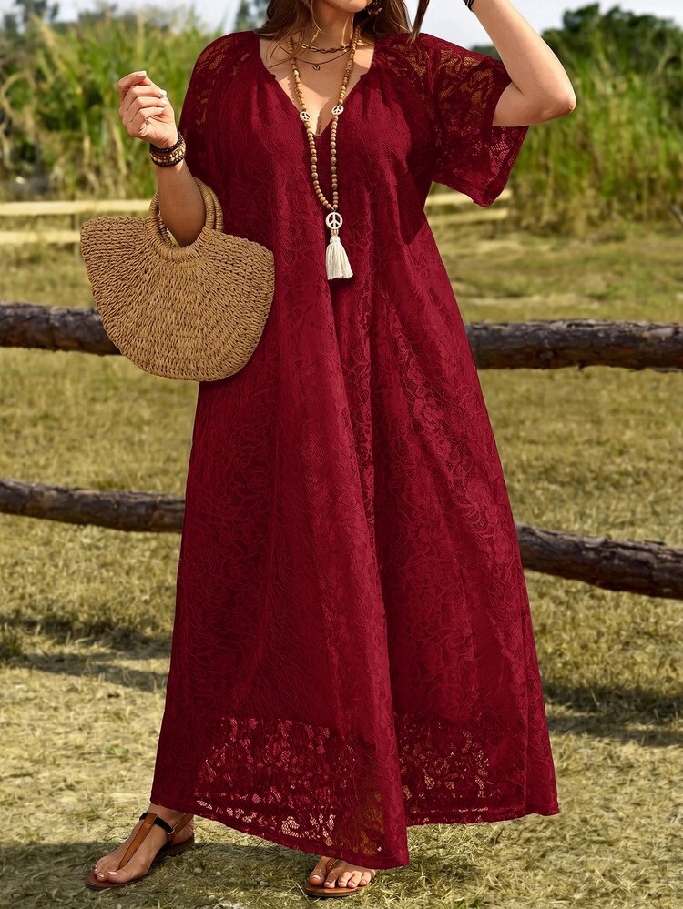 Rosumi Plus Size Women's Summer Casual Vacation Solid White Lace Dress - Burgundy - View 16