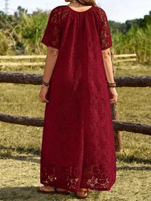 Rosumi Plus Size Women's Summer Casual Vacation Solid White Lace Dress - Burgundy - View 2