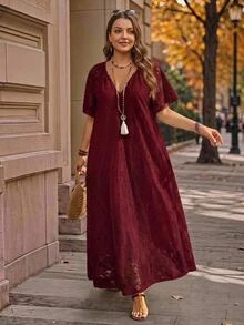 Rosumi Plus Size Women's Summer Casual Vacation Solid White Lace Dress - Burgundy - View 1