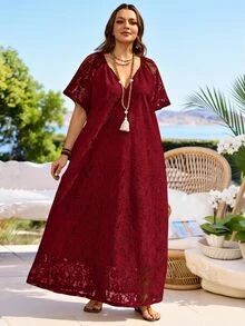 Rosumi Plus Size Women's Summer Casual Vacation Solid White Lace Dress - Burgundy - View 6