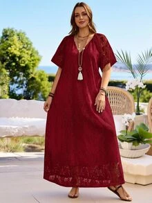 Rosumi Plus Size Women's Summer Casual Vacation Solid White Lace Dress - Burgundy - View 17