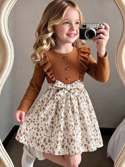 Elladie kids Vestido A-Line para niñas jóvenes azul bebé acanalado de manga larga con dobladillo floral y lazo, blanco, otoño, hada, a juego familiar, estilo lindo elegante con cuello redondo y patchwork