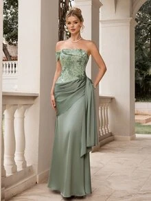Poshira Women's Sequin Embroidered Pleated Formal Evening Gown Dress (Heavy Workmanship Style) - Green - View 8