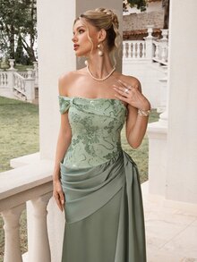 Poshira Women's Sequin Embroidered Pleated Formal Evening Gown Dress (Heavy Workmanship Style) - Green - View 5