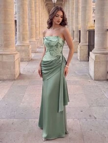 Poshira Women's Sequin Embroidered Pleated Formal Evening Gown Dress (Heavy Workmanship Style) - Green - View 10