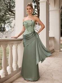 Poshira Women's Sequin Embroidered Pleated Formal Evening Gown Dress (Heavy Workmanship Style) - Green - View 2