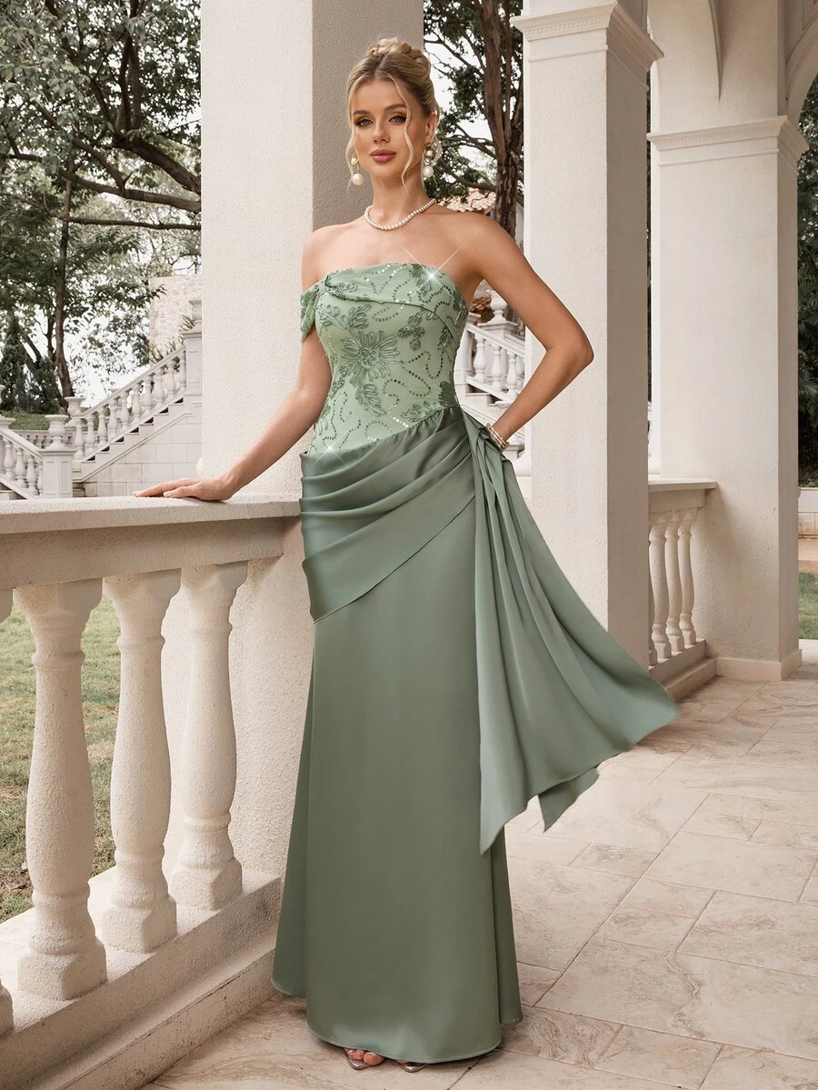 Poshira Women's Sequin Embroidered Pleated Formal Evening Gown Dress (Heavy Workmanship Style)
