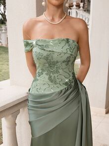 Poshira Women's Sequin Embroidered Pleated Formal Evening Gown Dress (Heavy Workmanship Style) - Green - View 6