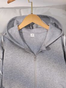 SHEIN Tween Girls' Grey Jacket, Long Sleeve, Fleece, Cute Autumn Back-To-School Solid Fashion Cool Girl Bow Sweatshirt - Grey - View 4