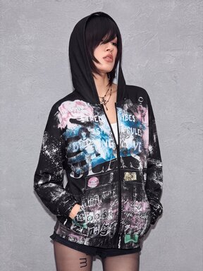 Y2K Fashion Forward Character Scene Text Slogan Collage Print Loose Casual Hooded Long Sleeve Sweatshirt Jacket