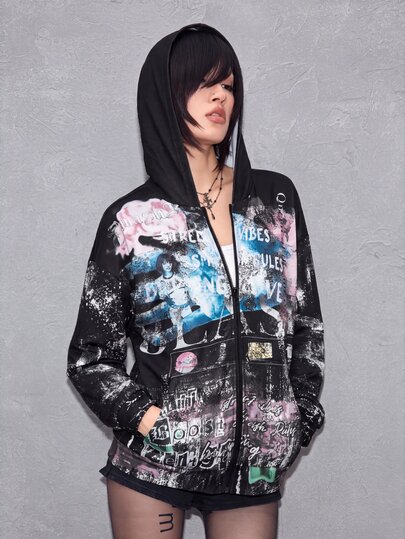 Y2K Fashion Forward Character Scene Text Slogan Collage Print Loose Casual Hooded Long Sleeve Sweatshirt Jacket